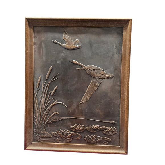 Vintage 60's Hammered Copper Framed Picture Flying Geese Lake Nature Waterfowl - Picture 1 of 4